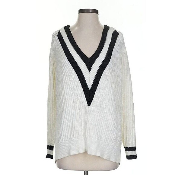 Rag & Bone Talia V-Neck Sweater White Black Trim Cotton Size Small Runway Style - Picture 2 of 10